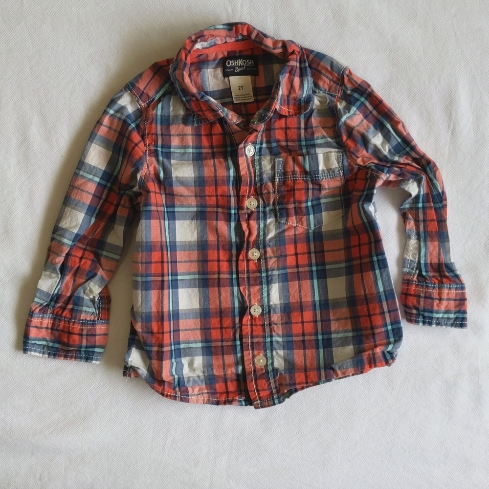 oshkosh b'gosh plaid collared cotton button down shirt 2T toddler boys